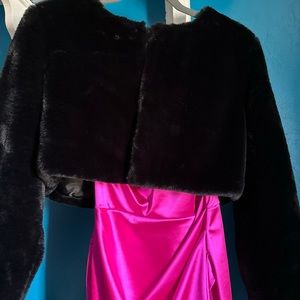 One shoulder dress wore once with black fur jacket.   Sold together/separately.
